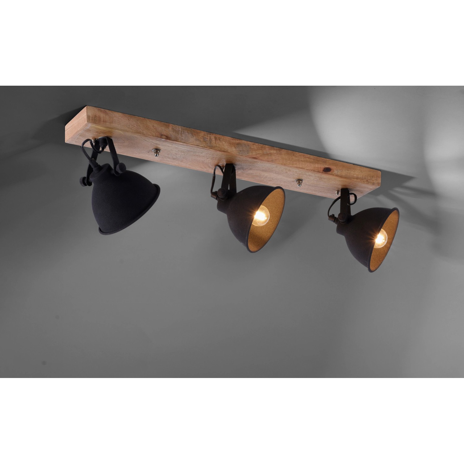 Just Light Wand- und Deckenleuchte Samia, 3-flammig, schwarz, mit Holzdetails.