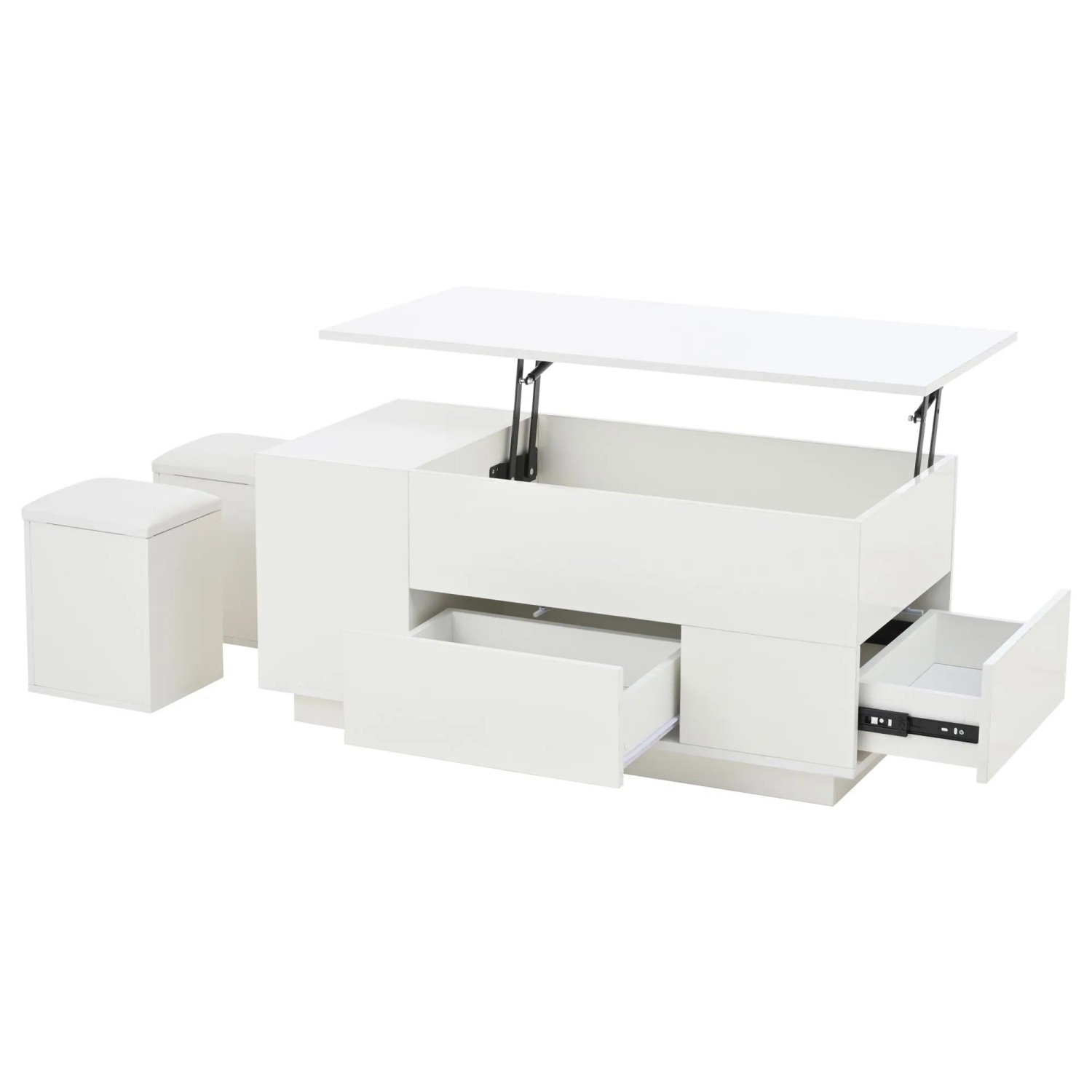 ModernLuxe Couchtisch Höhenverstellbar mit Led 2 Schubladen 2 Hockern Spanplatte Weiß