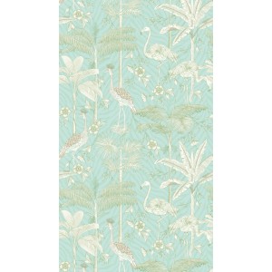 Livingwalls Fototapete mit Tier-Motiv in Türkis, Weiß und Grün. Tropische Vögel und Pflanzen.