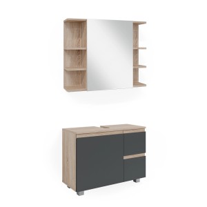 Vicco Badmöbel-Set J-Shape Sonoma/Anthrazit, 2-teilig: Waschbeckenunterschrank und Spiegelschrank mit Regalen.