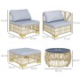Outsunny Rattan Gartengarnitur, beige-grau, mit Maßen von Sessel, Ecksofa, Hocker und Tisch.