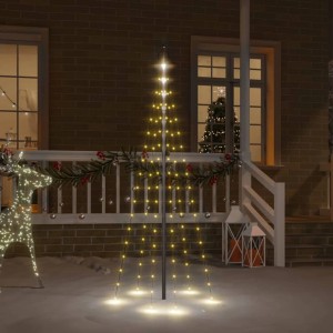 Warmweißer LED-Weihnachtsbaum, 180 cm hoch, für Fahnenmast, mit 108 LEDs, leuchtet festlich im Schnee.