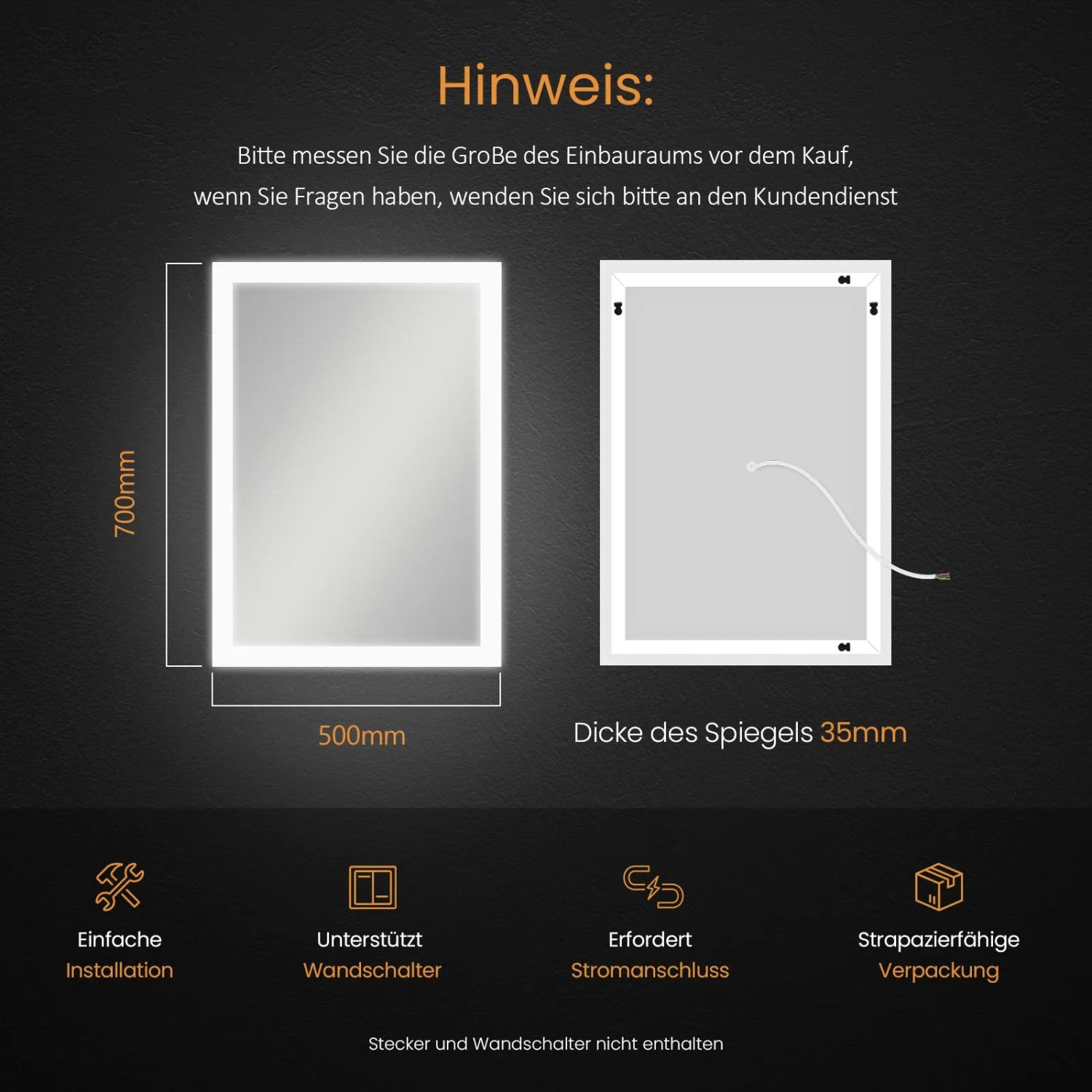 Emke LED Badspiegel 50x70 cm mit Licht, Beschlagfrei und Kippschalter für Kalt- und Warmweißes Licht.