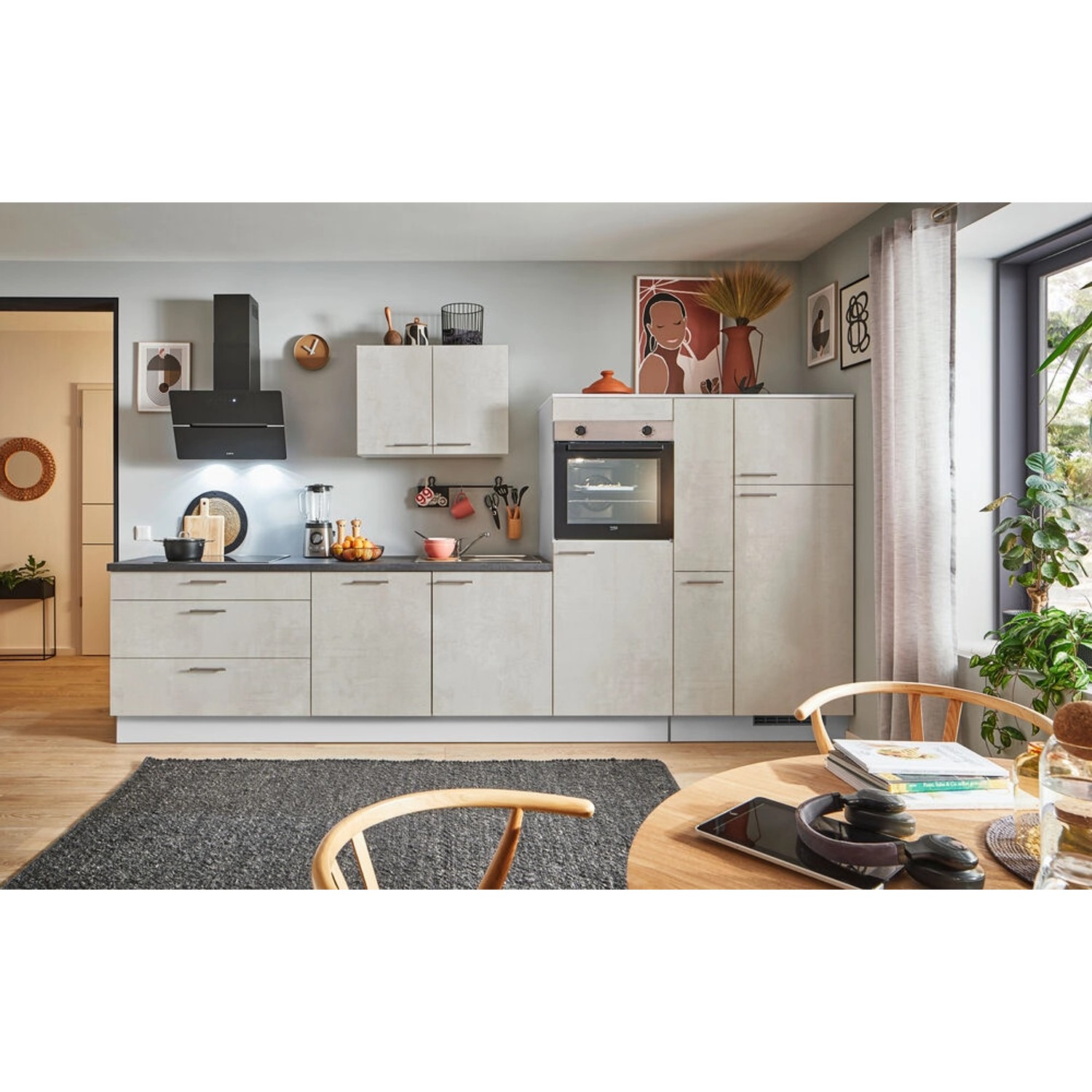 pino Küchenzeile 360 cm Beton Weißgrau Anschlag R 1 Geräte-, 1 Apothekersch günstig online kaufen