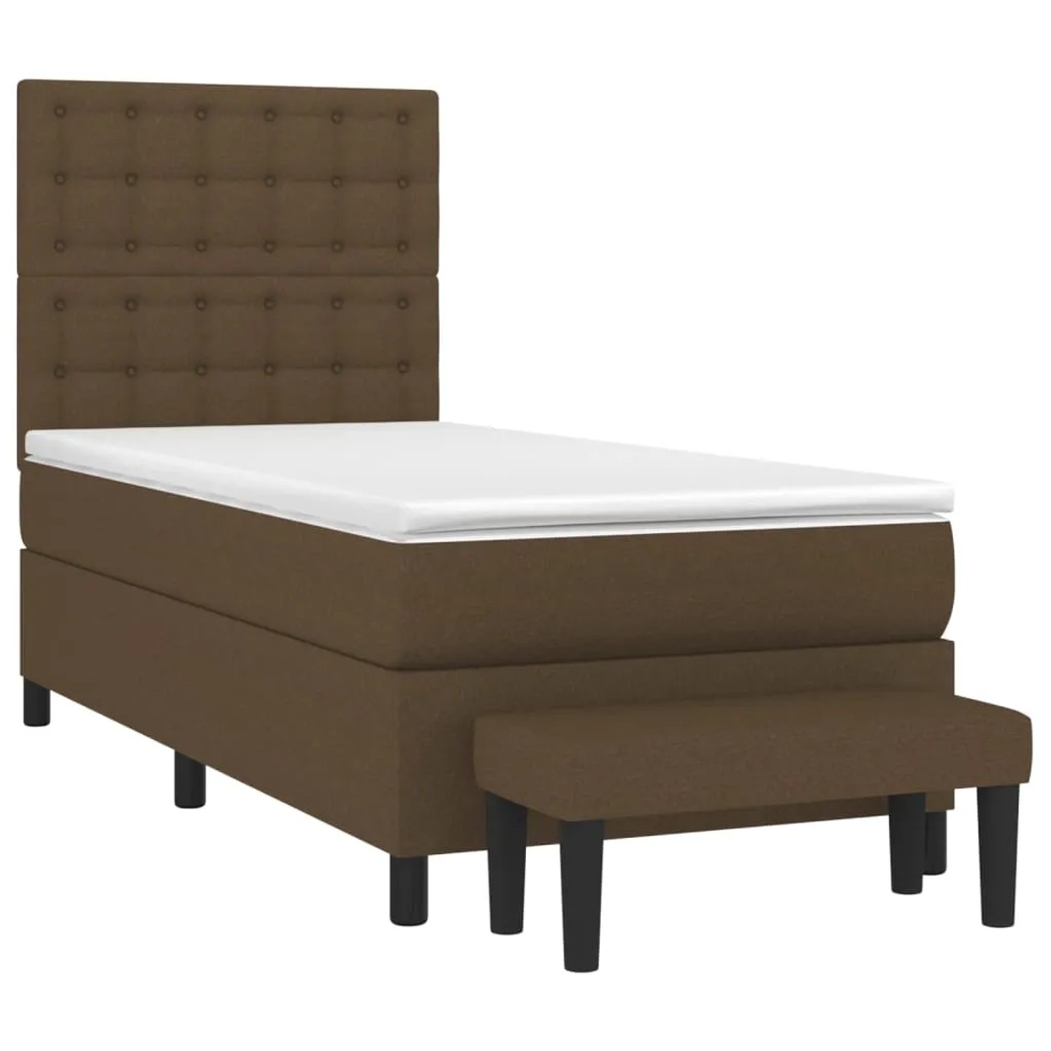 Dunkelbraunes vidaXL Boxspringbett (90x200 cm) mit Matratze, Kopfteil und Bank.