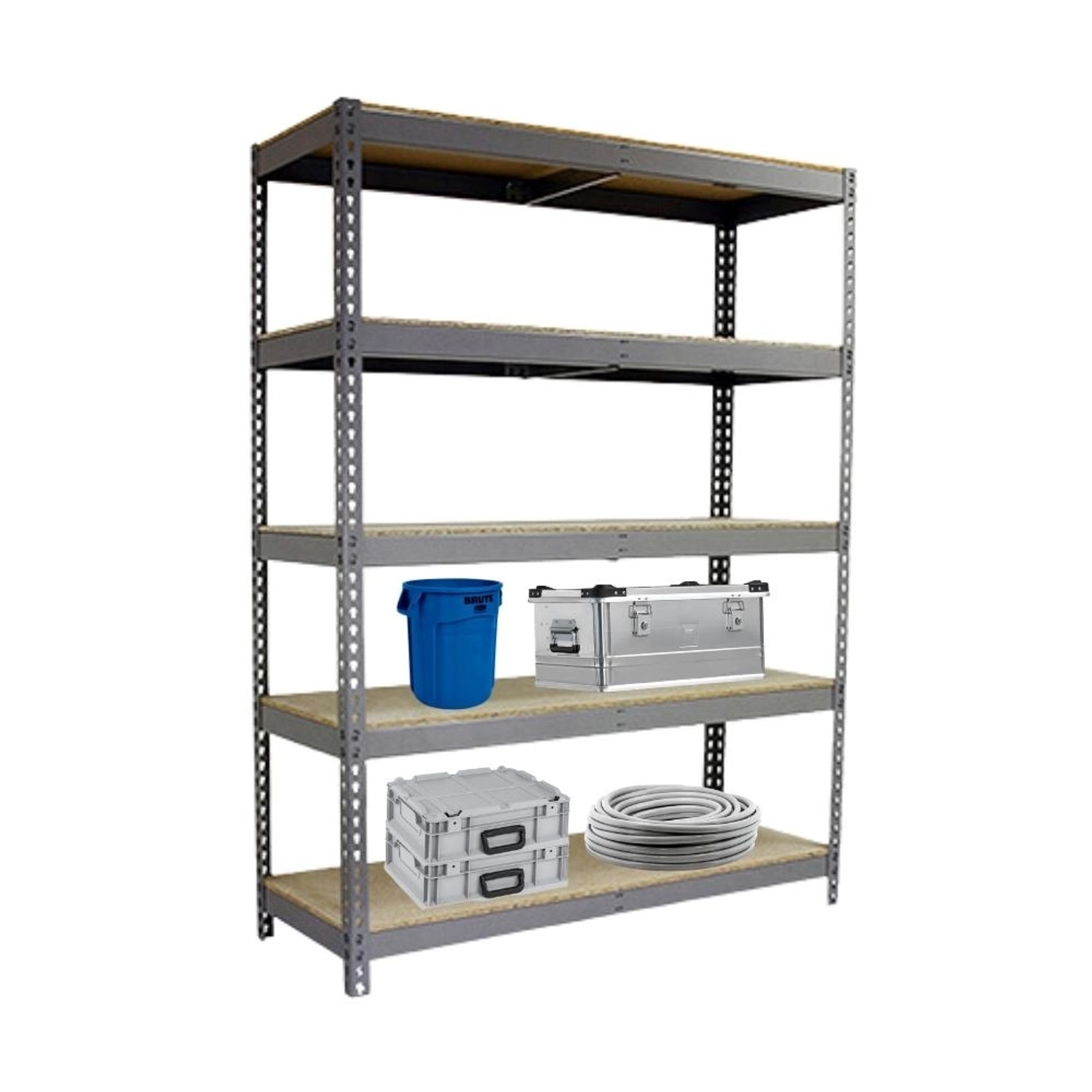 Graues PROREGAL Schwerlastregal Giant Wood Yeti mit fünf Böden und Gegenständen.