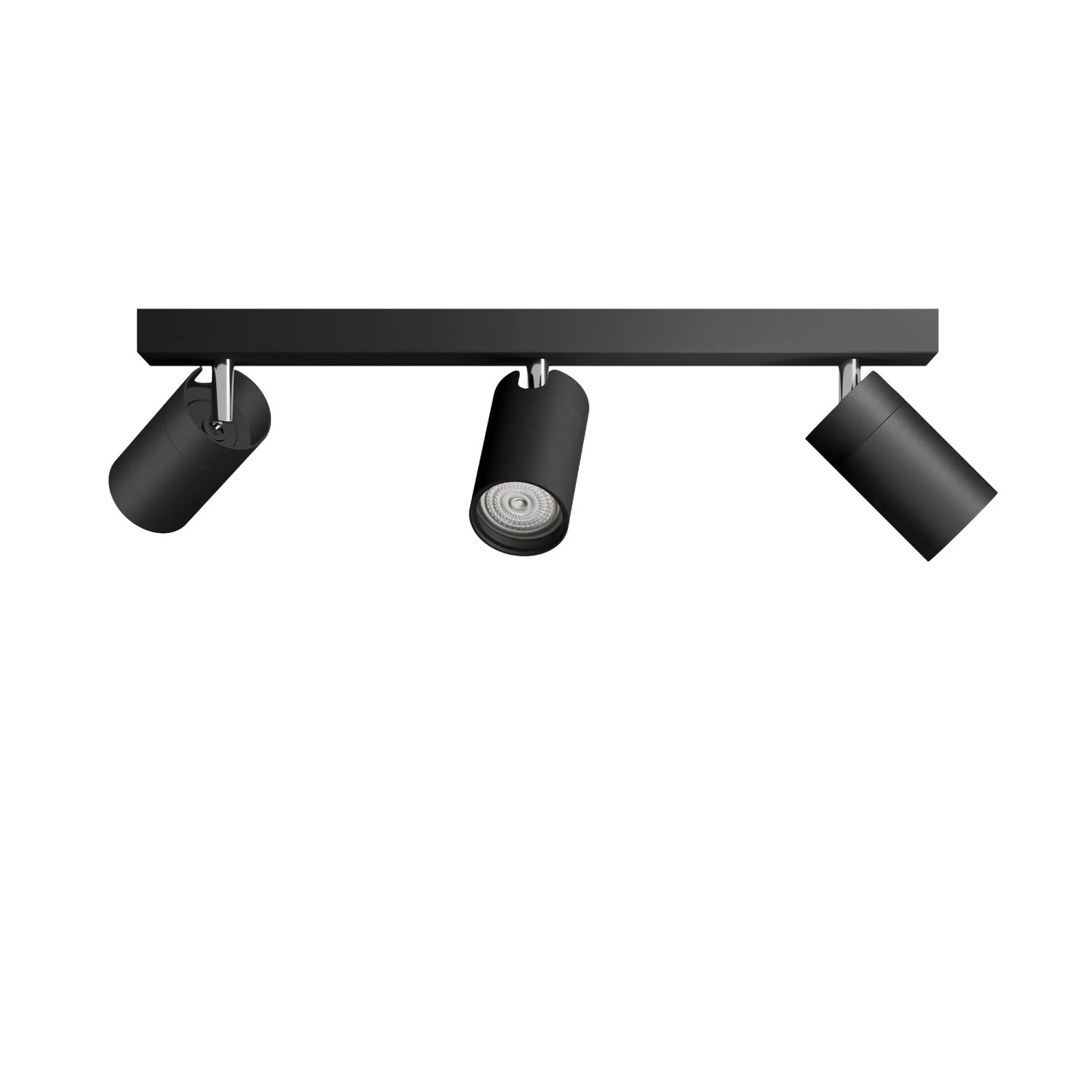 Schwarzer Philips Spot Idris Deckenstrahler mit 3 flexiblen GU10 Strahlern, IP44, modernes Design für Bad und Wohnraum.