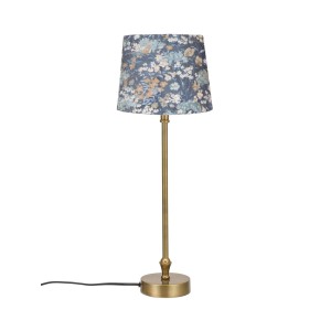 PR Home Liam Tischleuchte: Goldfarbene Lampe mit blauem Lampenschirm und Blumenmuster. Innenleuchte für Wohnraum.