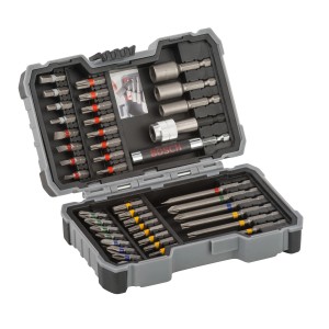 Bosch Promoline Bitset, 43-teilig, mit farbcodierten Bits und magnetischem Schnellwechselhalter im Koffer.