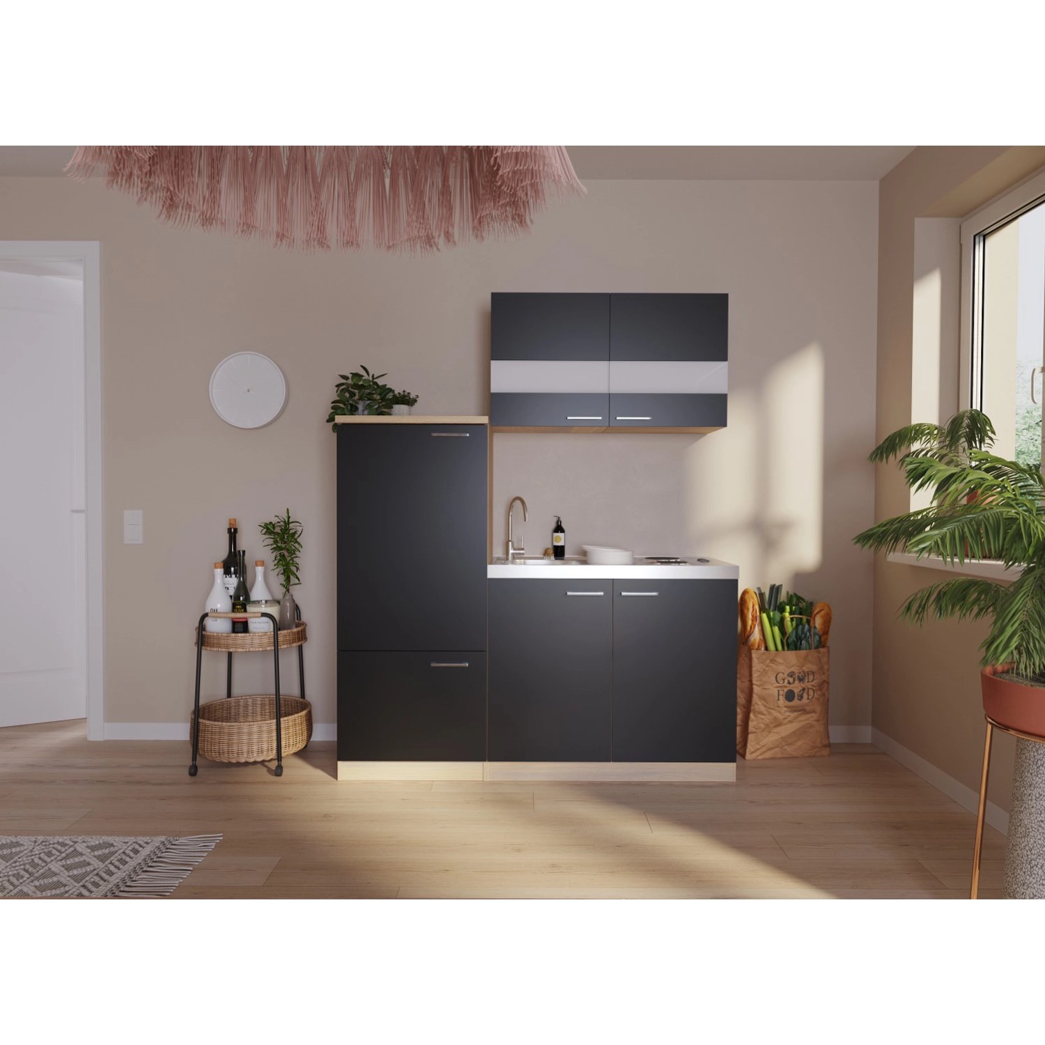 Respekta Miniküche KB160ESS 160 cm Schwarz-Eiche Sonoma Sägerau Nachbildung