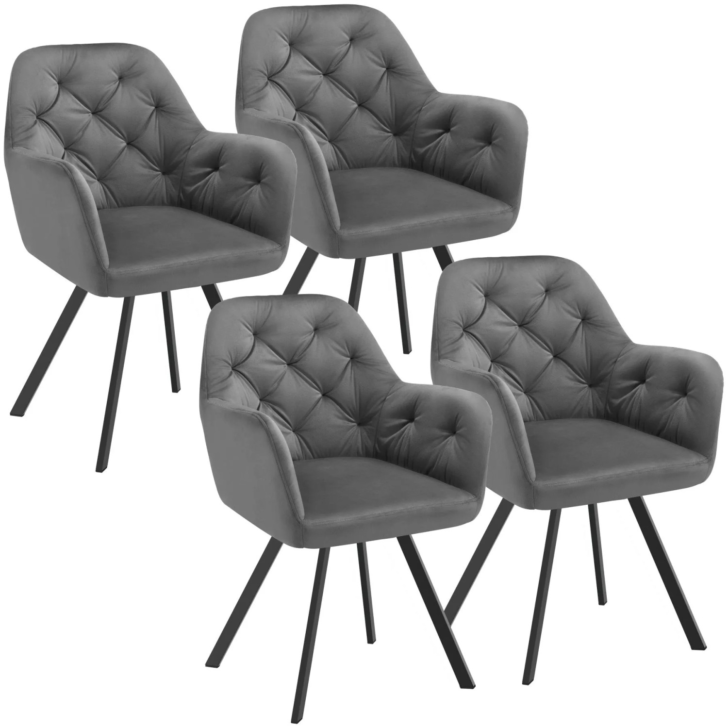 Tectake Drehbarer Samt Armlehnstuhl Lucia Gepolstert Mit Steppmuster Mit Durchgehender Lehne 4Er Set 58 X 58 X 87 Cm Anthrazit