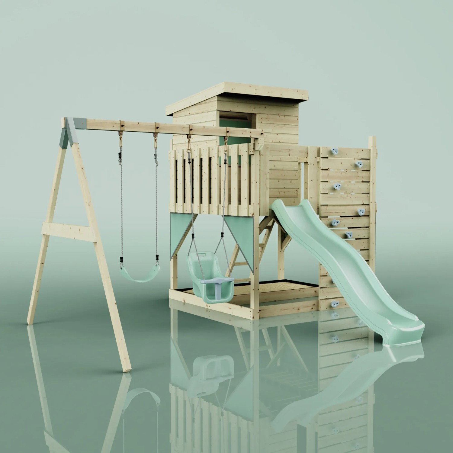 PolarPlay Spielturm Björn mit Babyschaukel in Mintgrün, Spielanlage mit Rutsche und Kletterwand.