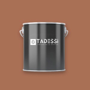 Tadessi Wandfarbe Violett Blütenholz Matt Dispersion 5l. Dunkelgraue Farbdose mit Logo vor passendem Blütenholz-Hintergrund.