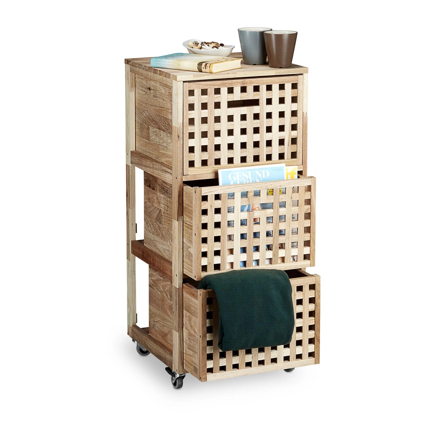 Relaxdays Rollcontainer Walnuss Natur Mit Rollen 91,5 cm x 40,4 cm x 40,4 cm