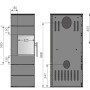 Technische Zeichnung des schwarzen Justus Voga W+ Kaminofens (6,5 kW) mit Maßen.