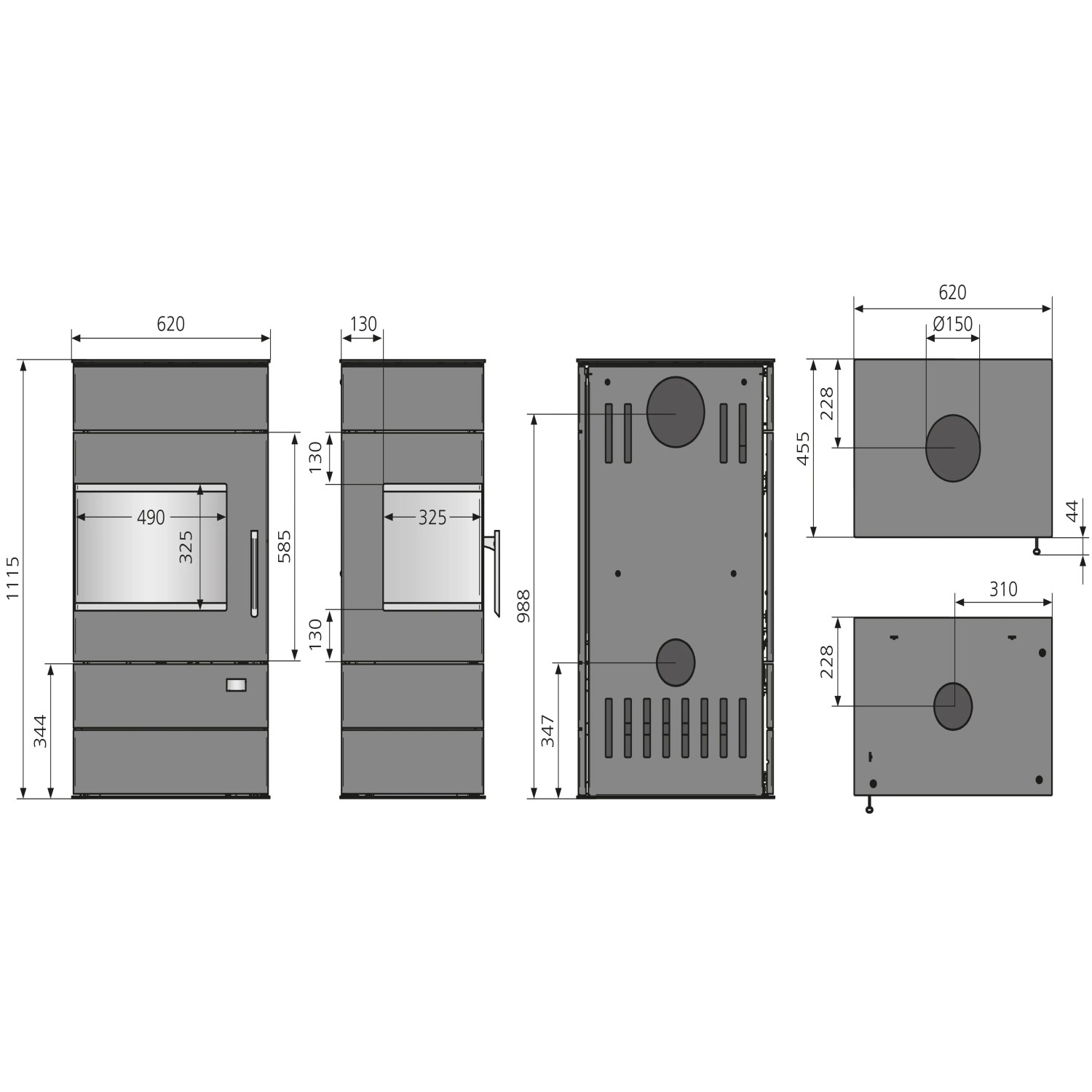 Technische Zeichnung des schwarzen Justus Voga W+ Kaminofens (6,5 kW) mit Maßen.