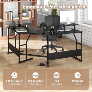 Schwarzer Costway L-Form Gaming Schreibtisch mit Monitoraufsatz und integrierter Steckdosenleiste.
