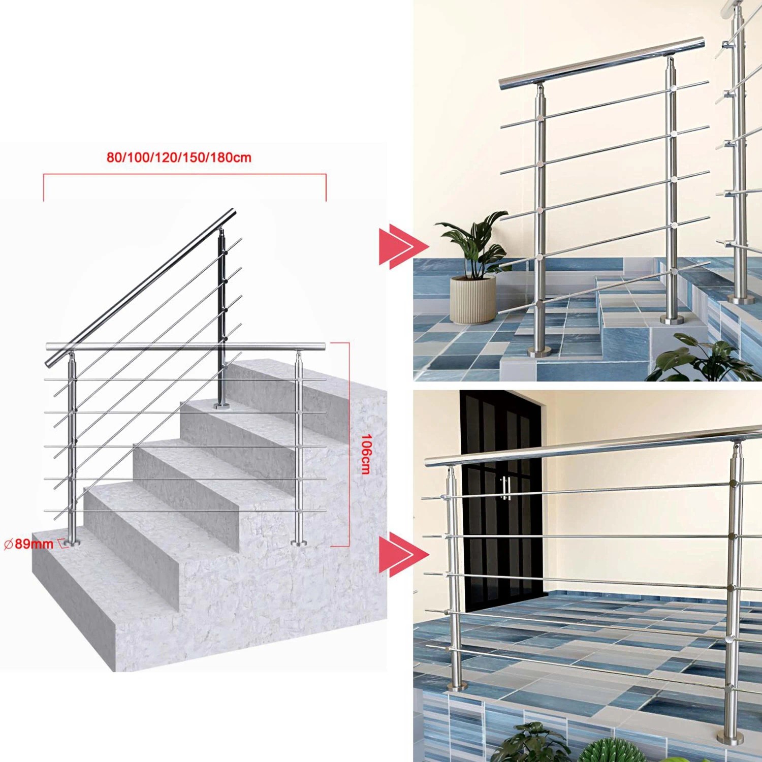 Edelstahl Geländer 120 cm mit 5 Querstäben für Treppen und ebene Flächen, gebürstetes Design für Innen & Außen.