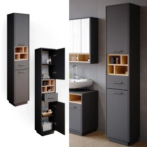 Vicco Badschrank Beatrice, Anthrazit/Sonoma, 38x190cm, mit Türen und Schublade für Badutensilien.