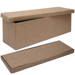 Braune DuneDesign Faltbare Sitzbank mit Truhe, 110cm breit, teilmontiert und zusammengefaltet.