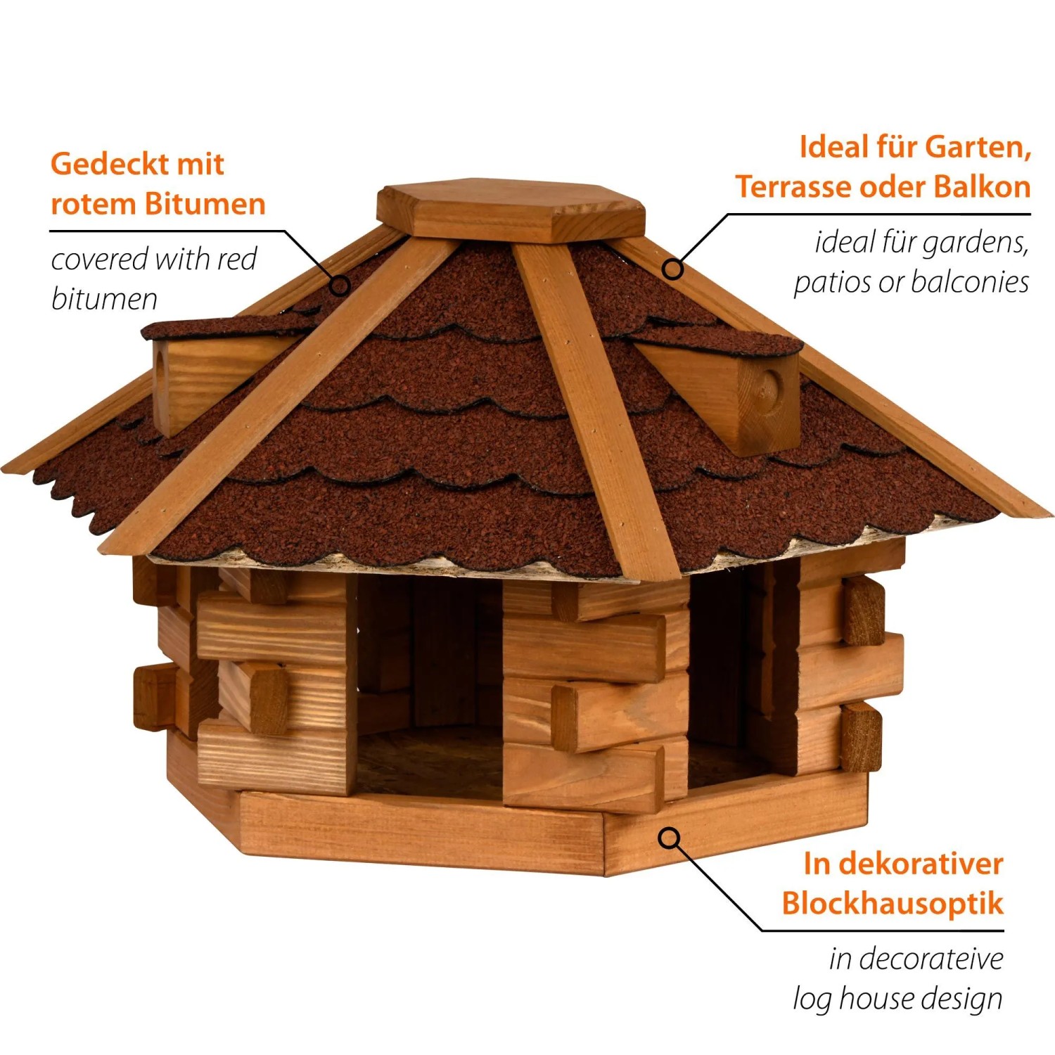 Dobar Vogelhaus Blockhaus sechseckig aus Holz mit rotem Bitumendach. Robustes Futterhaus für Garten, Terrasse, Balkon.