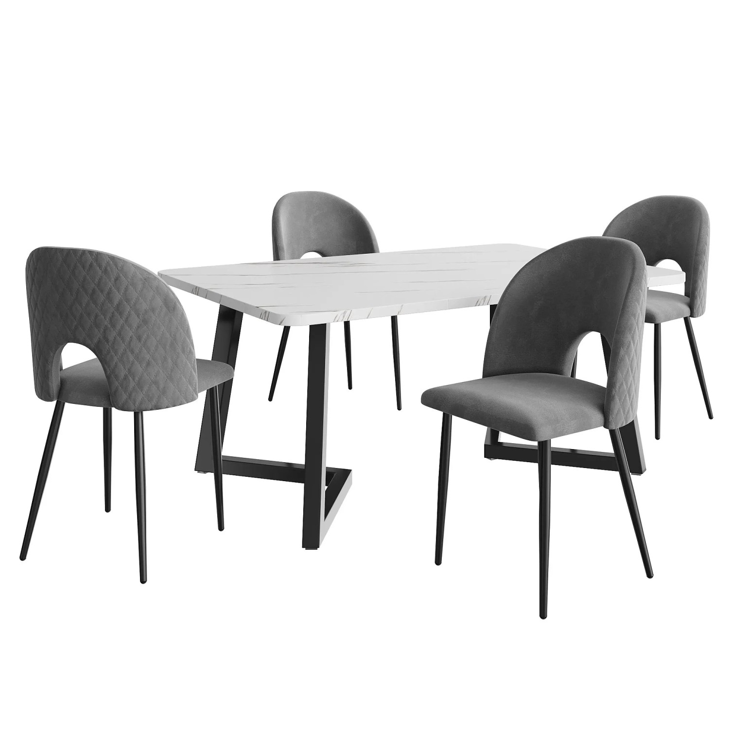 Merax Essgruppe 5-tlg mit 117x68cm Esstisch  4 Samtstühle Grau mit Diamantmuster  Schwarzbeine