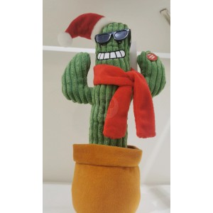 Weihnachtlicher Plüschkaktus, 38 cm, grün, mit Nikolausmütze und rotem Schal als Weihnachtsdeko.