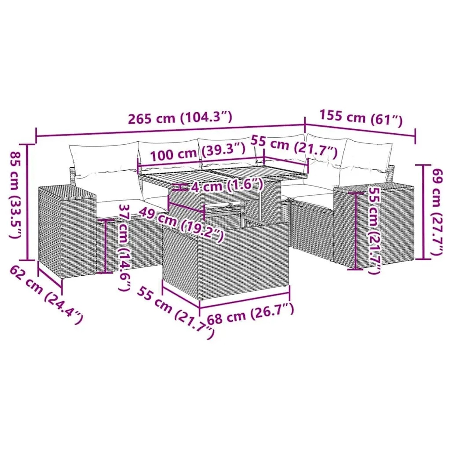 vidaXL 6-tlg. Garten-Sofagarnitur Grau Poly Rattan mit Maßen. Ideal für Terrasse und Garten.