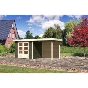 Karibu Gartenhaus Boras, terragrau, mit Flachdach und Anbau. Holzhaus mit Doppeltür.