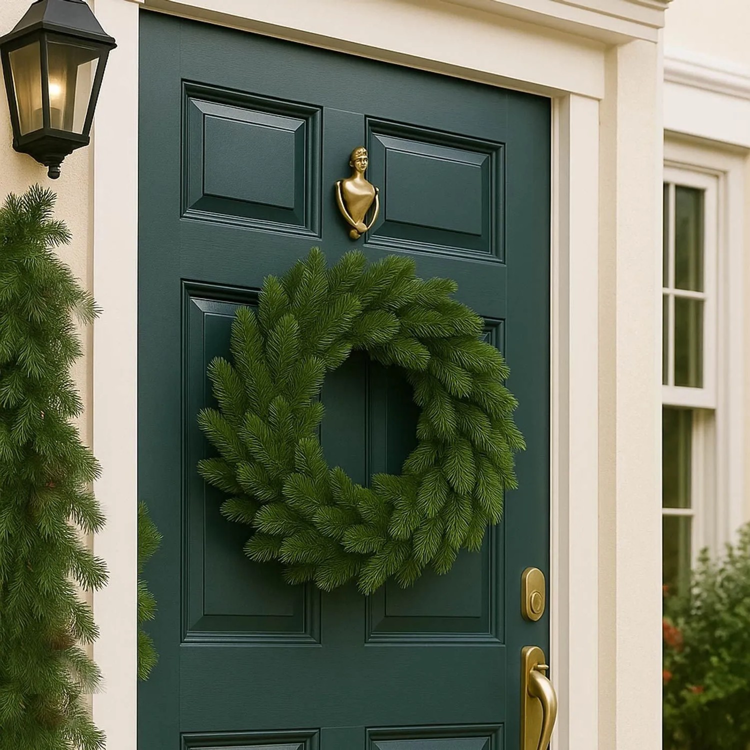 Grüner künstlicher Tannen-Kranz (Ø 60cm) als Weihnachtsdekoration an dunkler Tür. Ideal als Türkranz.