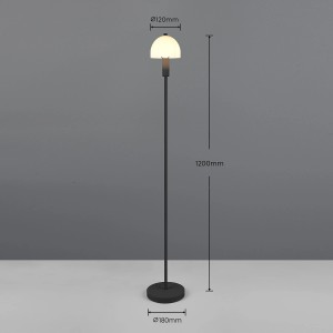 Schwarze Reality Stehleuchte Glenn, 120cm hoch, mit rundem Fuß und weißem Lampenschirm.