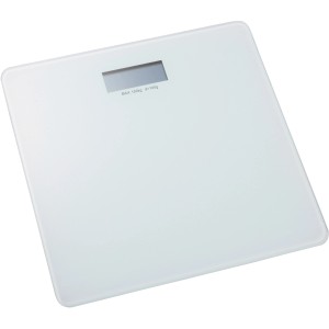 Weiße, digitale Personenwaage aus Glas, 30x30 cm, mit Display.