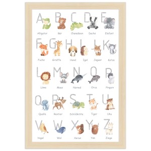 Gerahmtes Kinderzimmerposter mit ABC-Motiv und Tierbildern im Holzrahmen, 20x30 cm.