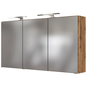 Held Möbel 3D-Spiegelschrank Bari 120 cm in Wotaneiche mit drei Spiegeltüren und zwei Aufsatzleuchten.