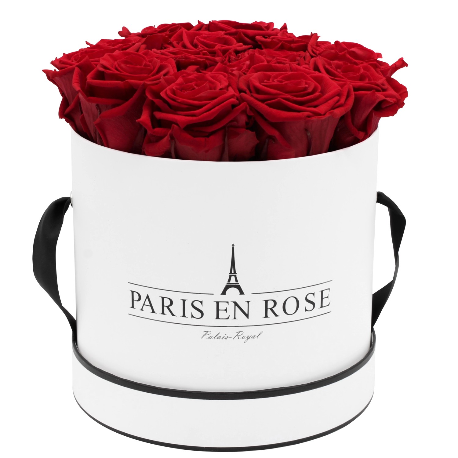 Rosenbox Ø 19 cm Weiß-Schwarz mit 14 Bordeaux Rosen
