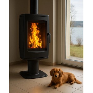 Schwarzer Plamen Gusskaminofen Aria (8 kW) mit Feuer im Brennraum und davor liegendem Dackel.