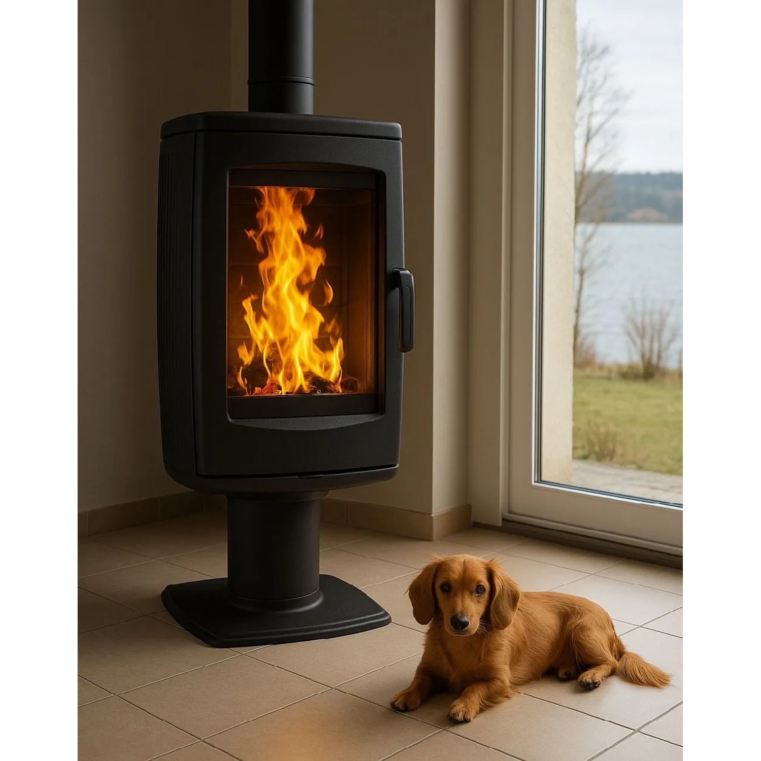 Schwarzer Plamen Gusskaminofen Aria (8 kW) mit Feuer im Brennraum und davor liegendem Dackel.