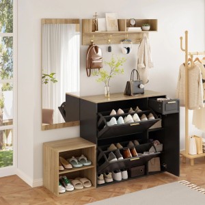Vierteiliges Garderoben Set in Schwarz/Natur: Schuhschrank, Spiegel, Wandablage mit Haken, offenes Schuhregal für den Flur.