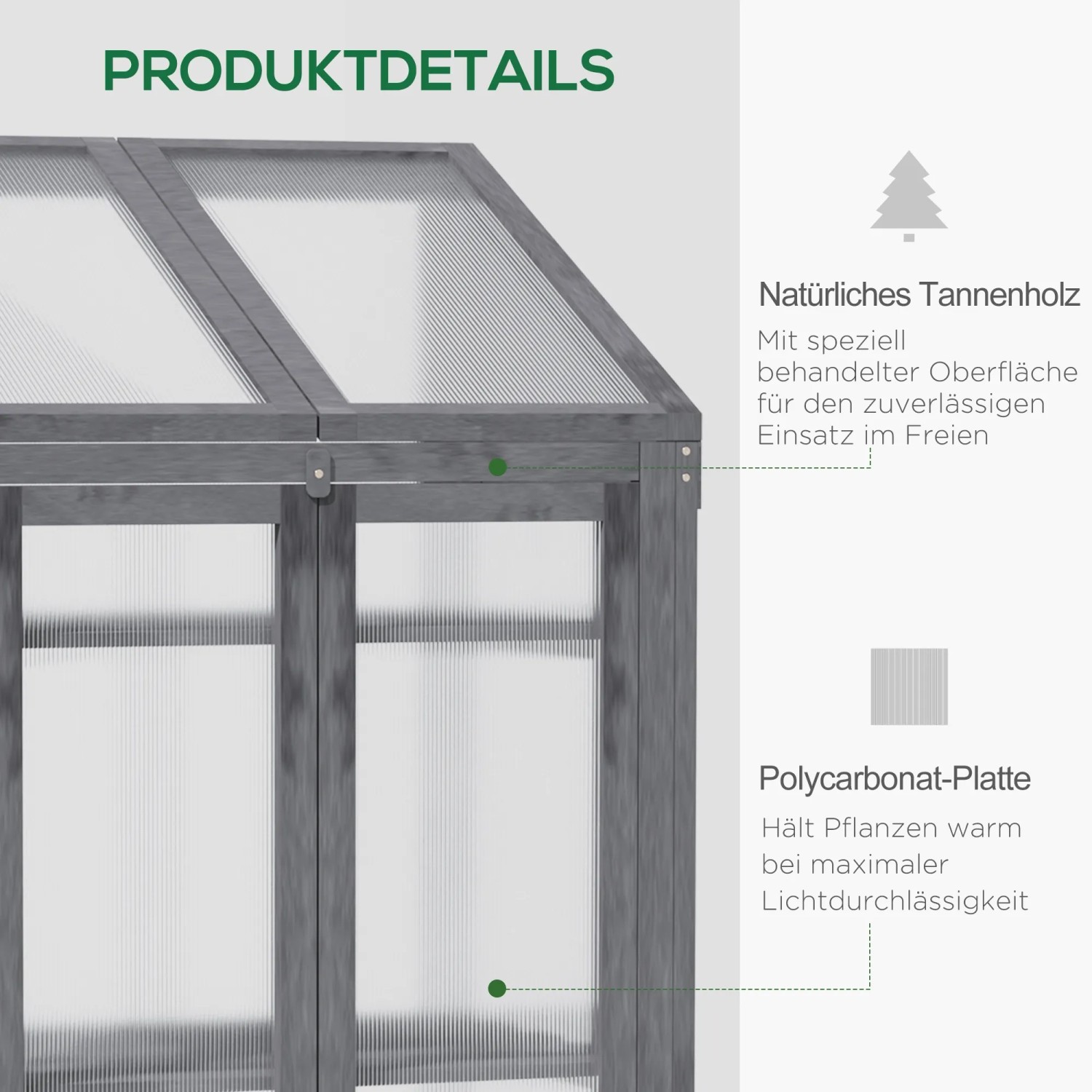 Detailaufnahme: Graues Outsunny Gewächshaus aus Tannenholz mit Polycarbonatplatten.