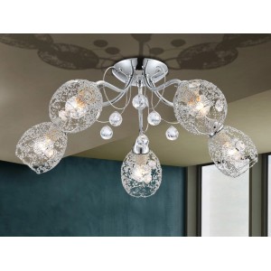 Chromfarbene Globo Deckenleuchte KORDULA mit fünf Leuchten und Kristallbehang.