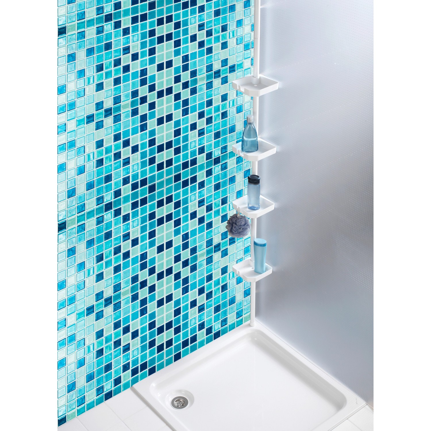 Wenko Teleskop-Regal Funky, weißes Stahl-Eckregal mit 4 Ablagen in Dusche.