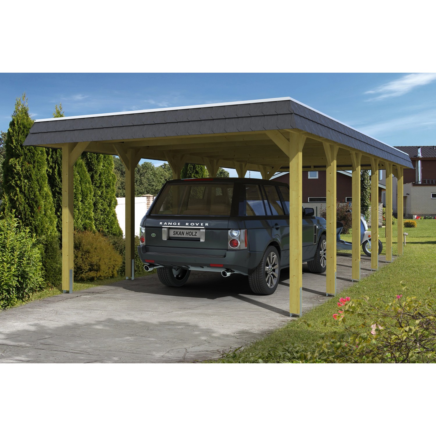 Skan Holz Walmdach-Carport Spreewald 396 cm x 893 cm Blende in Schwarz günstig online kaufen