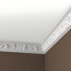 Weiße PROFHOME Eckleiste 150124 aus Polyurethan, Stuckleiste für Decken im Rokoko/Barock Stil.