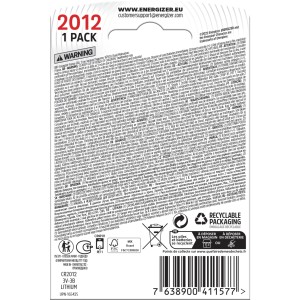 Energizer CR2012 Lithium Knopfzelle, 3V, 1 Stück, für Taschenrechner und Fernbedienungen.