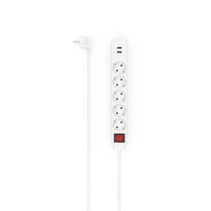 Weiße Hama Steckdosenleiste mit 5 Schutzkontakt-Steckdosen, 2 USB-A Ports, Schalter und 1,4 m Kabel.