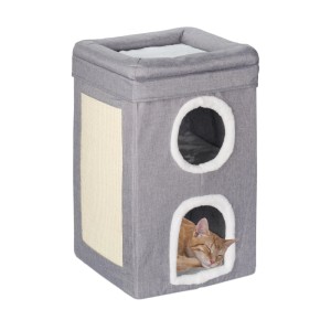 Graue Relaxdays Katzenhöhle mit 3 Ebenen, Kratzbrett und schlafender Katze.