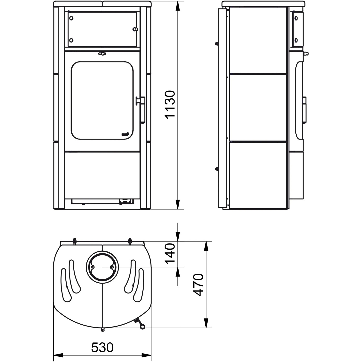 Technische Zeichnung: Hark Küchenofen Keramik Weiß 5 kW mit Maßen (Höhe, Breite, Tiefe).