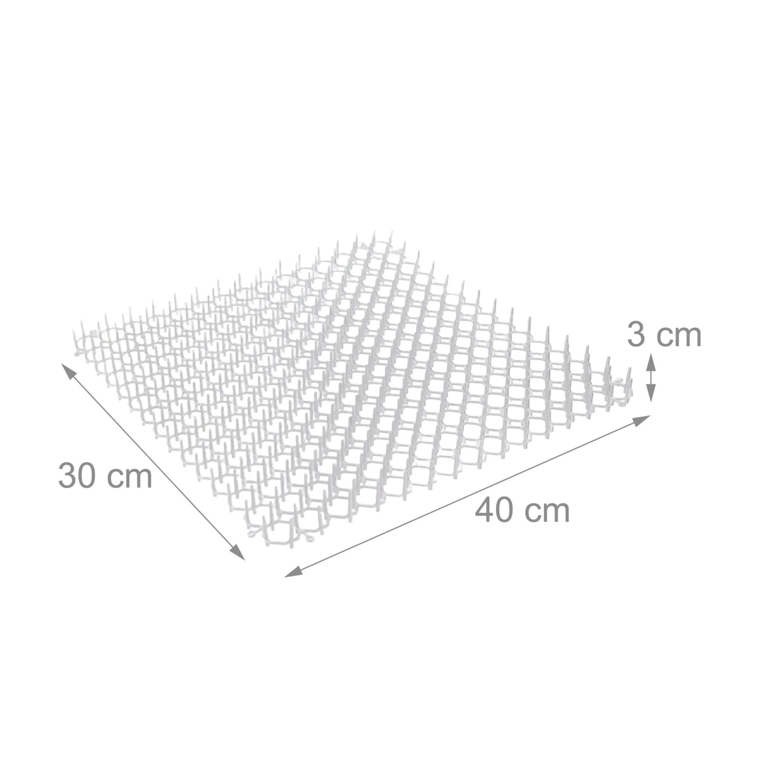Weißes Kunststoff Dornengitter (3x30x40 cm) mit vielen Spikes, ideal als Gartenhilfsmittel zur Tierabwehr.