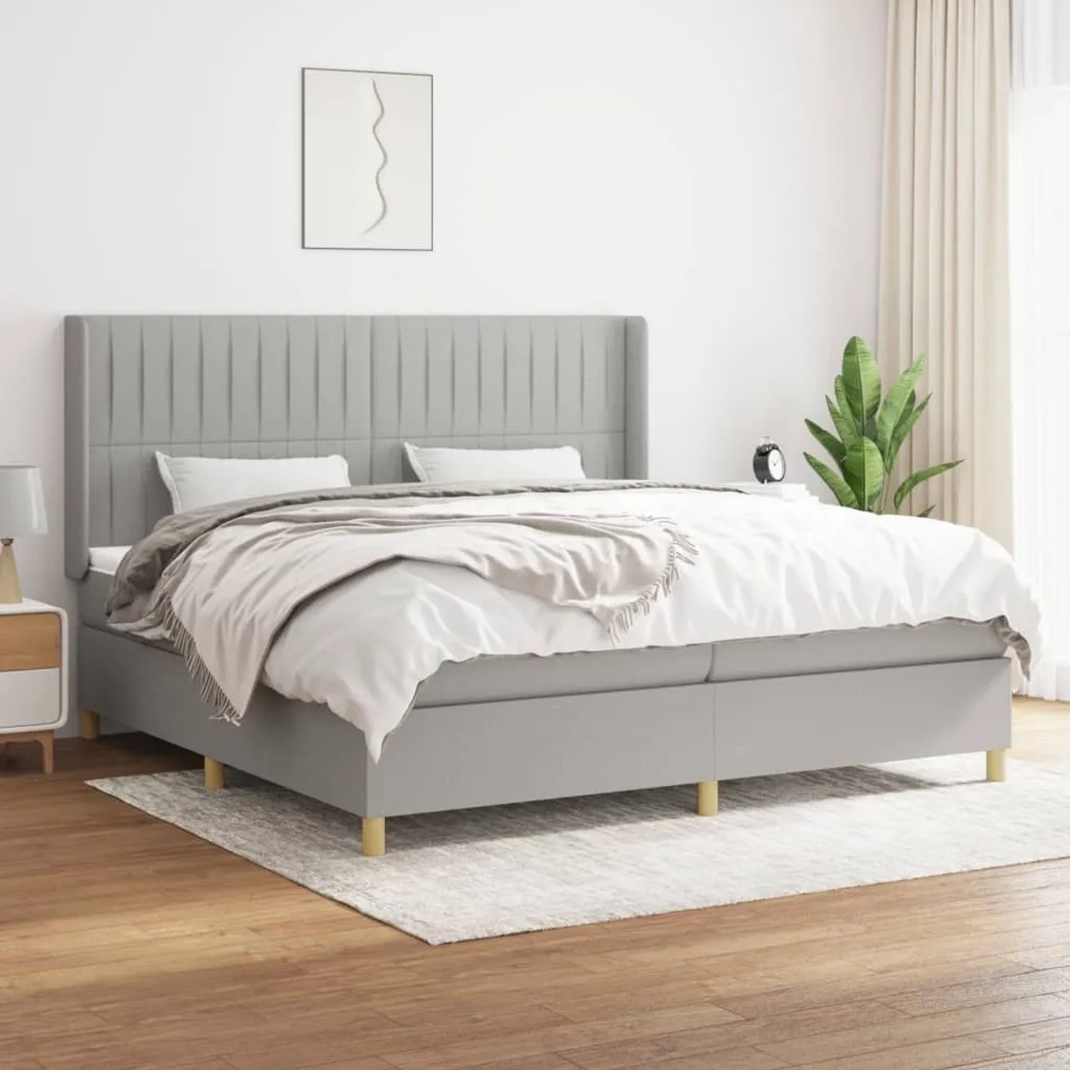 Hellgraues vidaXL Boxspringbett 200x200 cm mit Stoffbezug und hohem Kopfteil.