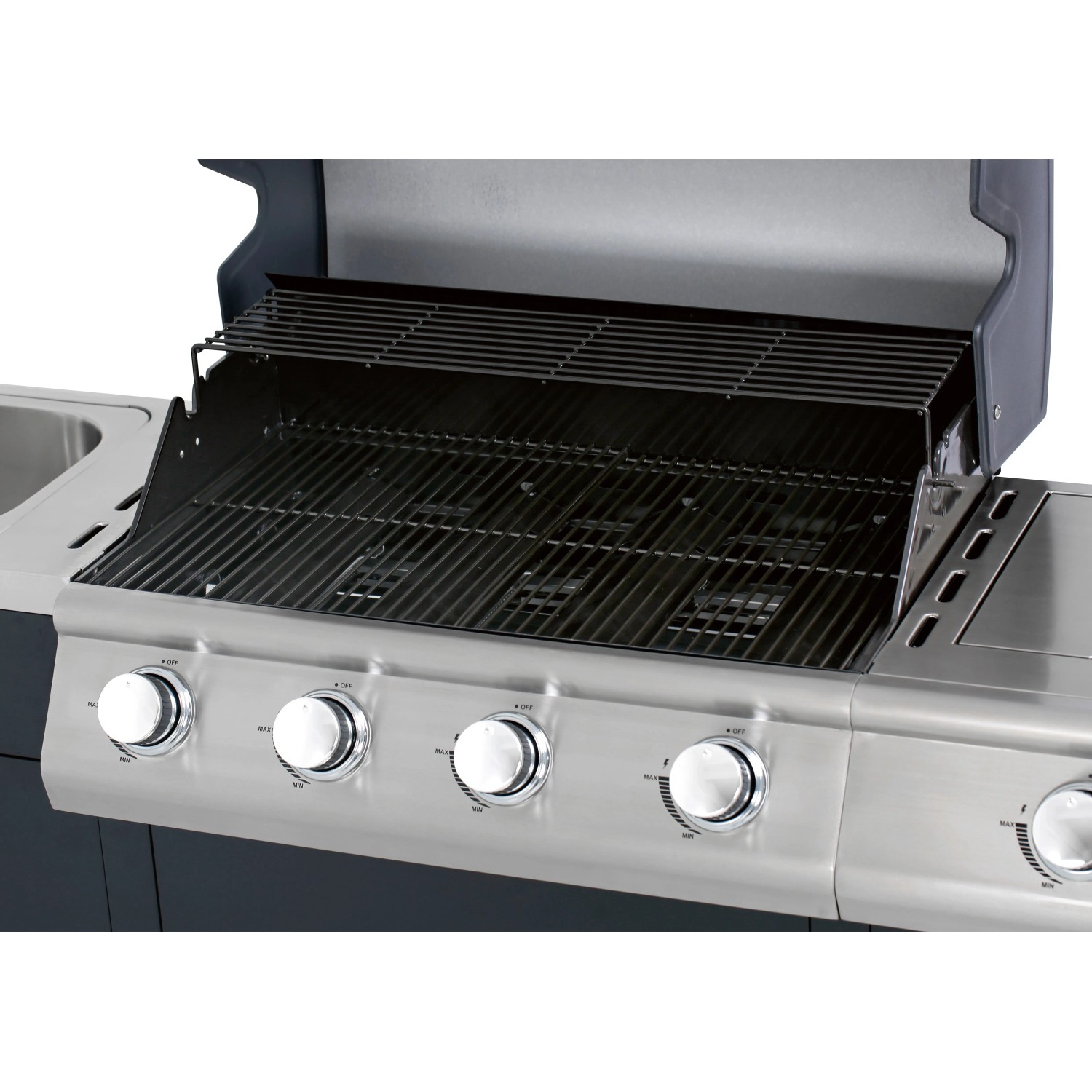 Detailansicht der Outdoor-Küche mit Gasgrill in Schwarz-Edelstahl, Grillfläche und Bedienelemente im Fokus.